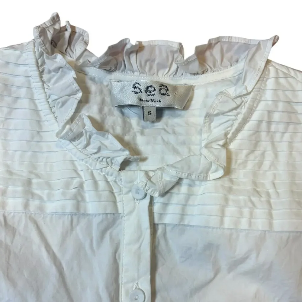 SEA New York Women's Multi Tier Dress SMALL White Flutter Sleeve Button Front